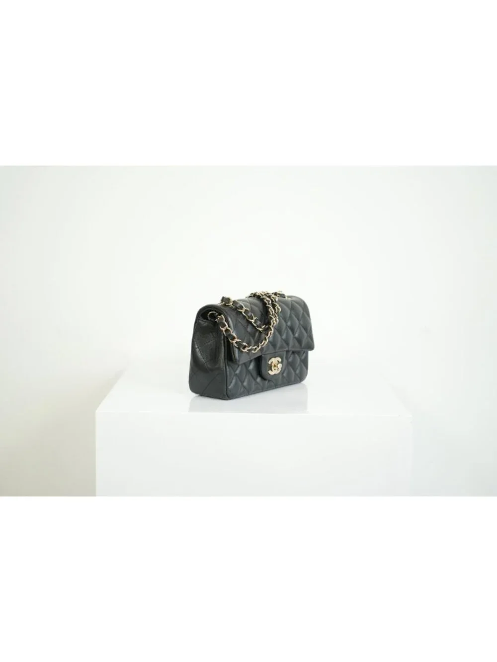 Chanel Mini Classic Black Lambskin W/Champagne Gold Flap Bag Full Set